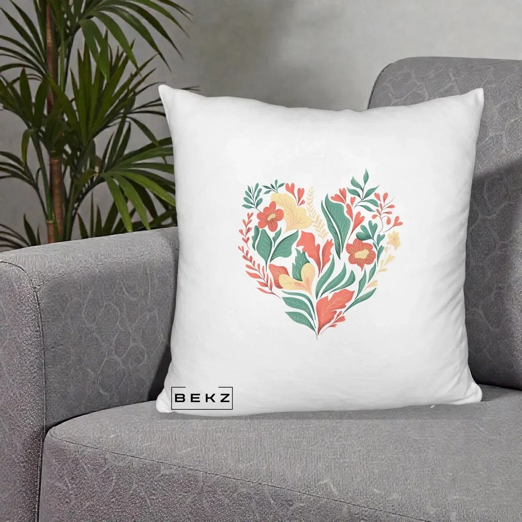 Perna Decorativa Inima Florala Botanica, 40x40 cm, Alb Pufos, Husa Detasabila, Perna Inclusa, BEKZ®