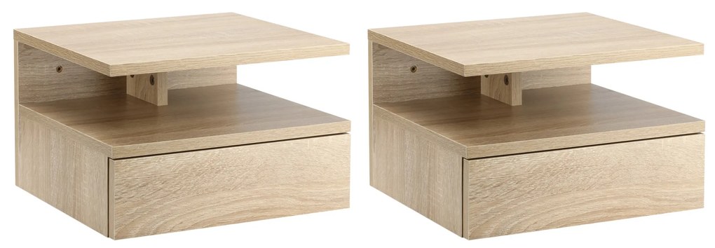 HOMCOM Set de 2 Noptiere Moderne Suspendate pentru Dormitor cu Sertar si Blat din Lemn 35x32x22.5cm, Stejar | Aosom Romania