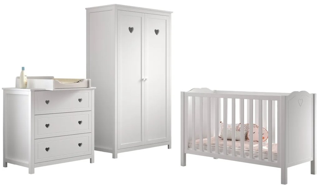 Set Mobilier AMORI Cameră Bebeluși, 3 Piese, Alb (Pin Masiv și MDF), Design Romantic – Vipack