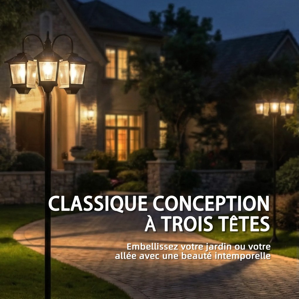 Outsunny Lampadar exterior solar cu 3 capete, lampadar pentru grădină, iluminare LED, senzor automat la apus și la răsărit, negru | Aosom Romania