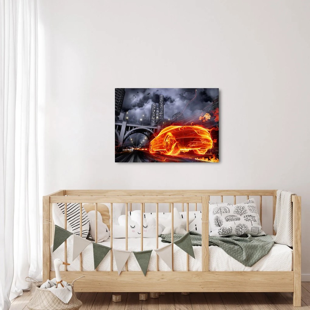 Tablou cu mașina în flăcărată (70x50 cm)