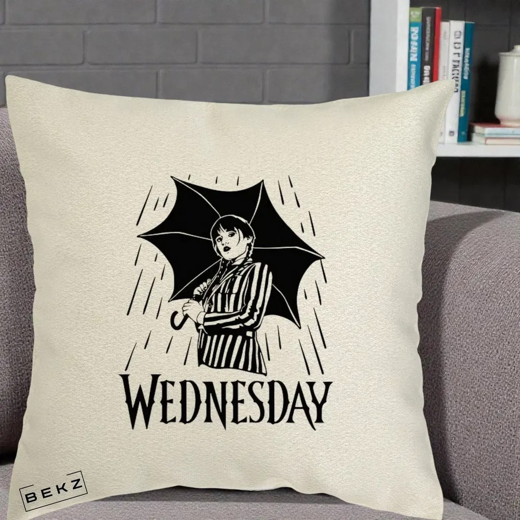 Perna Personalizata Wednesday cu Umbrela Ploaie Lineart, 40x40 cm, Ecru, Husa Detasabila, Perna Inclusa, BEKZ®