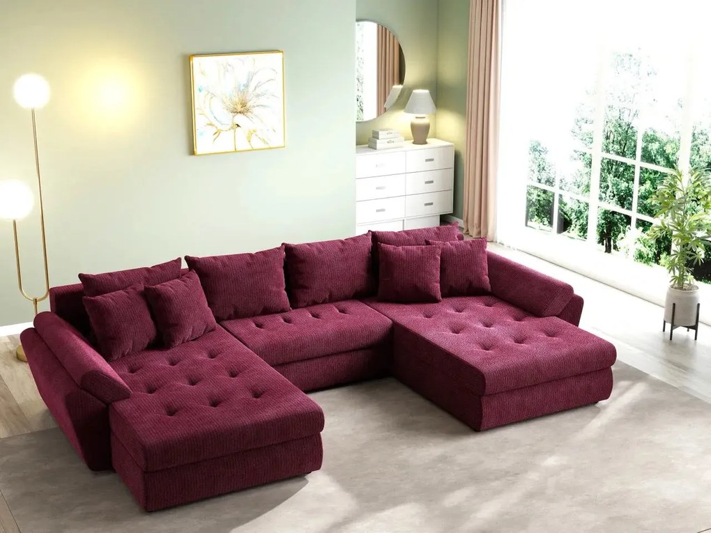 Colțar extensibil dumonde cu ladă de depozitare si sezut confortabil din spuma high-density, Loana U Zoom Red 355x185 cm