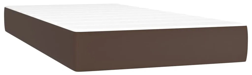 Pat box spring cu saltea, maro, 90x190 cm, piele ecologica Maro, 90 x 190 cm, Nasturi de tapiterie