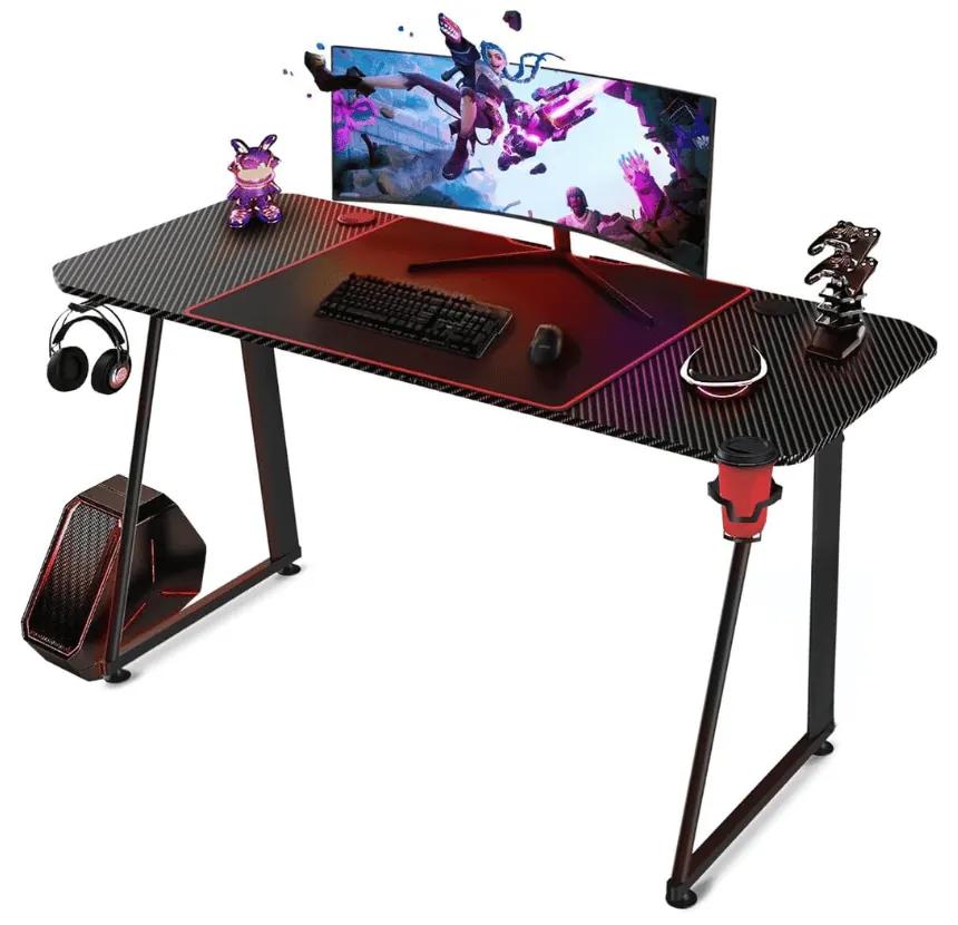 Birou Gaming Adore EXPERT SERIES, 140 x 60 x 75 cm, suprafata Negru carbon, mousepad 80 x 30 cm, suport pentru casti si pahar, reglaj suprafata podea