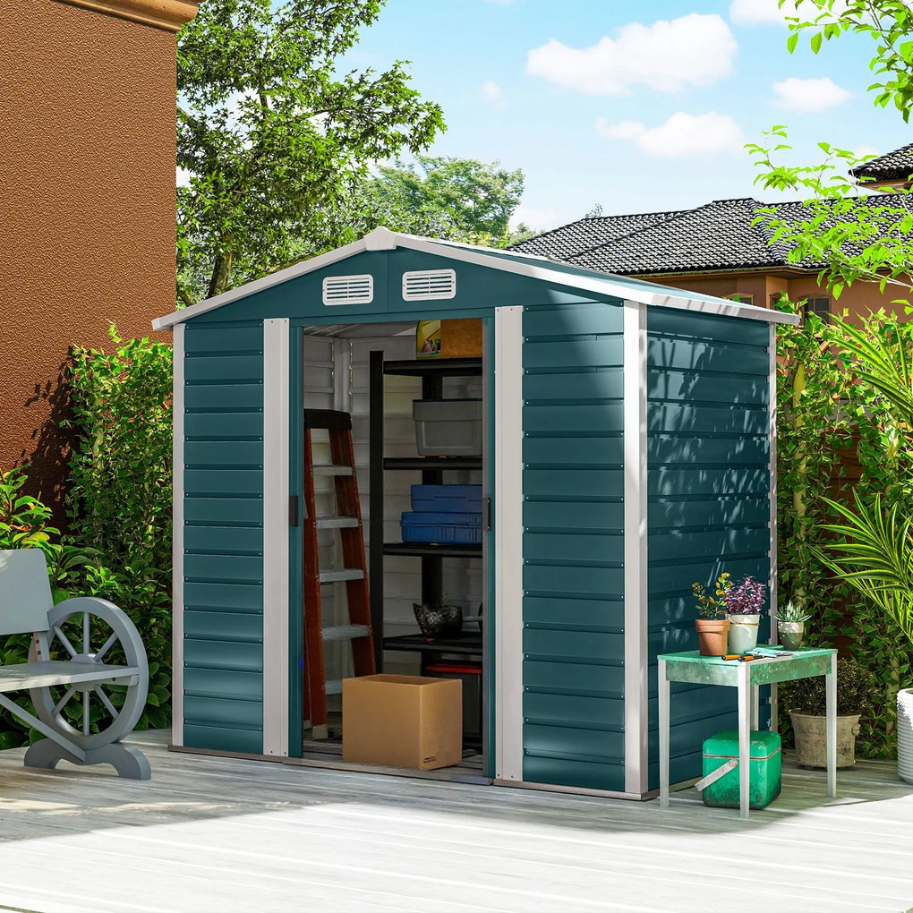 Outsunny Căsuță de Grădină din Metal cu Uși Glisante și Lacăt cu Chei, 2,1x1,2x1,9m, Verde | Aosom Romania