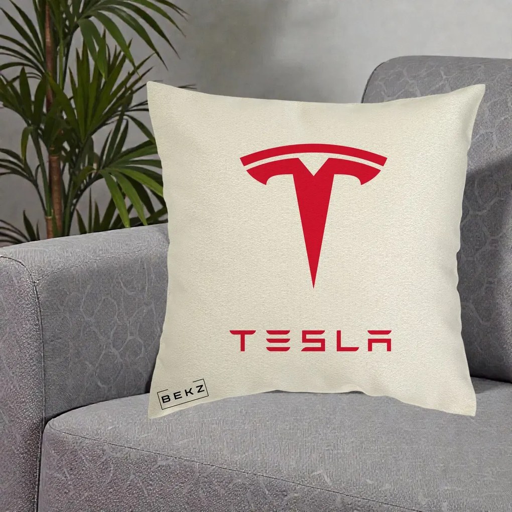 Perna Personalizata cu emblema Tesla, 40x40 cm, Ecru, Husa Detasabila, Perna Inclusa, BEKZ®