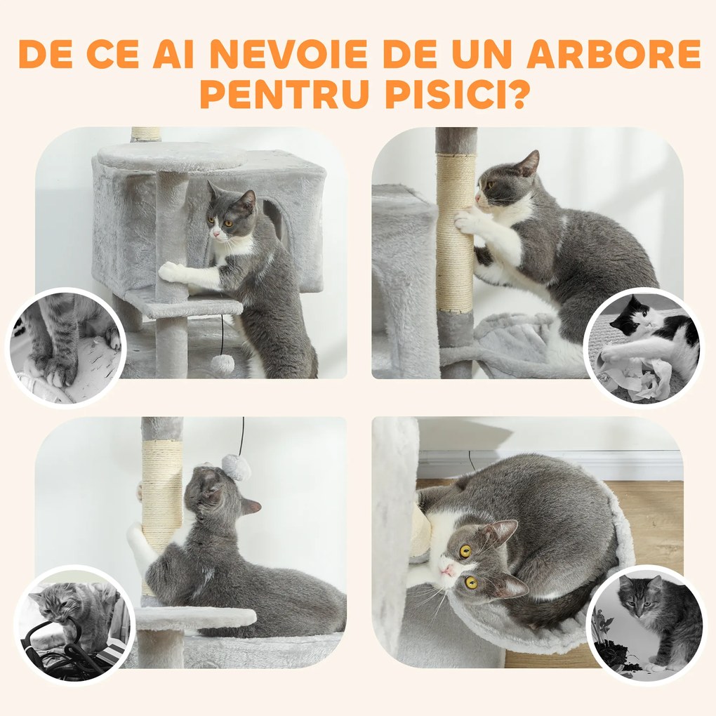 PawHut Arbore Zgâriător pentru Pisici Înalt de 140 cm cu 2 Căsuțe, Hamac, Pat și Stâlpi din Sisal, Gri | Aosom Romania