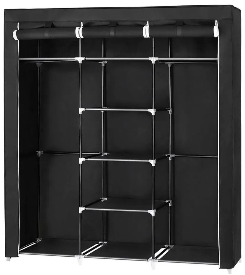 Dulap textil de depozitare MATIS 150 x 175 cm, cu rafturi și bară pentru haine, negru