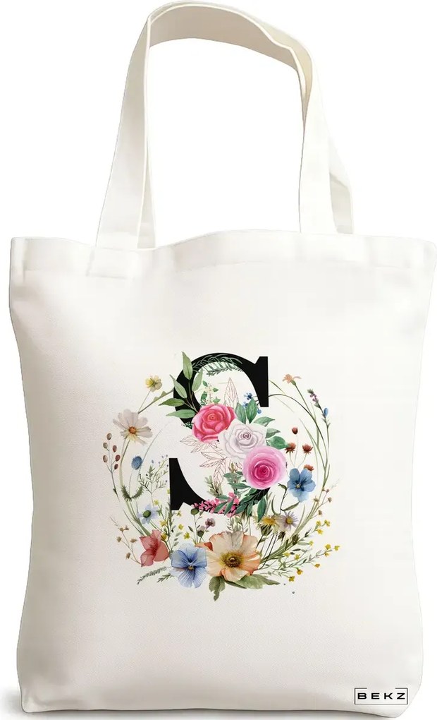 Sacosa de Panza pentru Cumparaturi, Geanta Tote, Cu litera S in Coronita Florala, 38x34.5 cm, Alba, BEKZ®