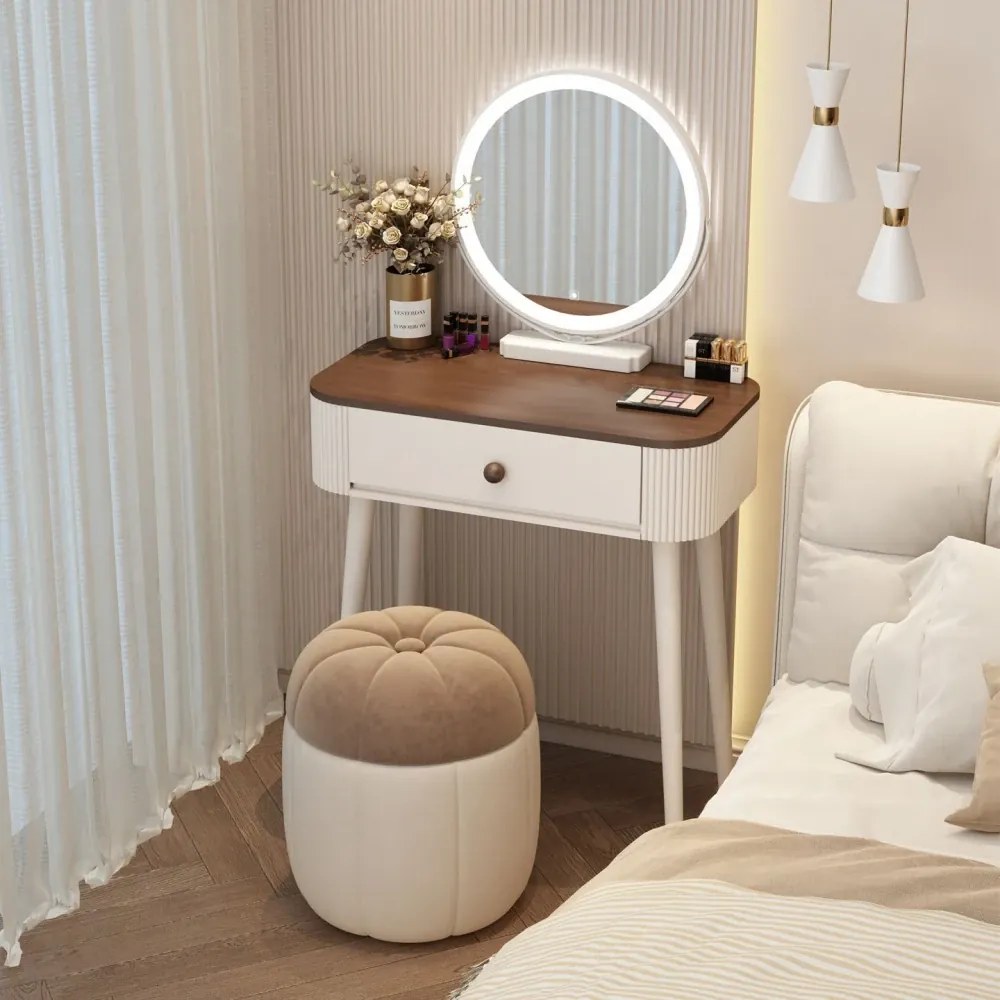 Set LUMIÈRE – Masă de Toaletă pentru Machiaj, cu Oglindă iluminată LED, Control Touch, Taburet, Alb, 60x40x77 cm