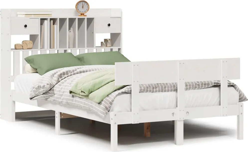 vidaXL Pat cu bibliotecă fără saltea, alb, 135x190 cm, lemn masiv pin