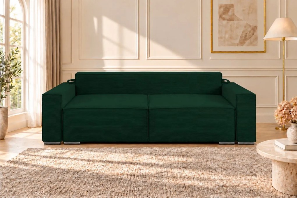Canapea extensibilă Livia din catifea reiată, verde, cu ladă de depozitare