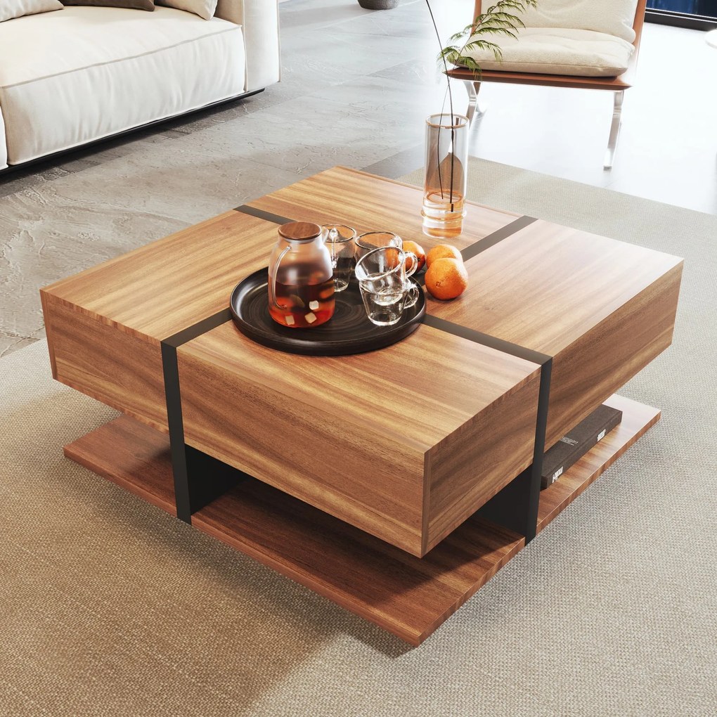 Masă de cafea cu 4 sertare, design unic de culori și linii, spațiu de depozitare inferior, 78×78×36 cm, Natural