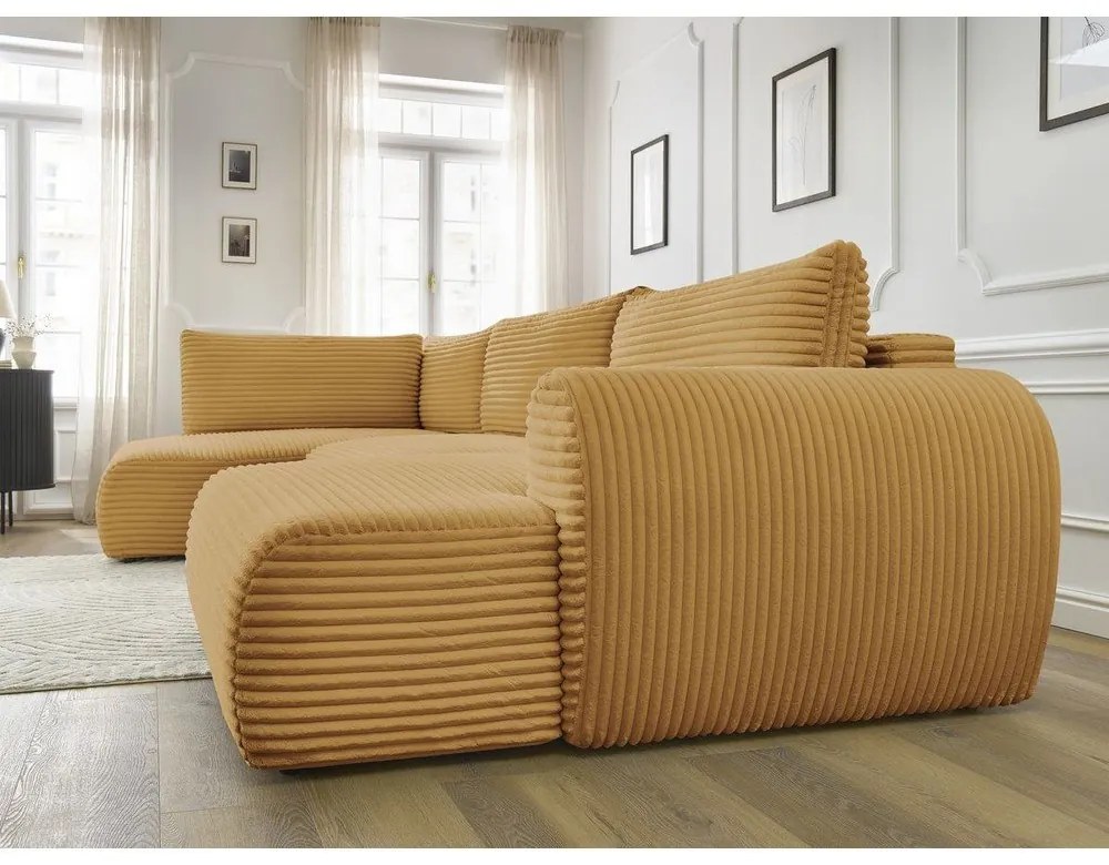 Colțar galben muștar extensibil/cu spațiu de depozitare cu tapițerie din catifea reiată (cu colț pe partea stângă/în formă de "U") Lucien – Bobochic Paris