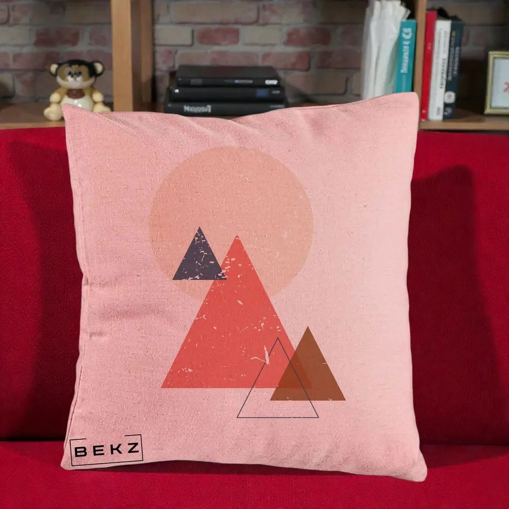 Perna Decorativa Geometric Munti si Soare, 40x40 cm, Roz, Husa Detasabila, Perna Inclusa, BEKZ®