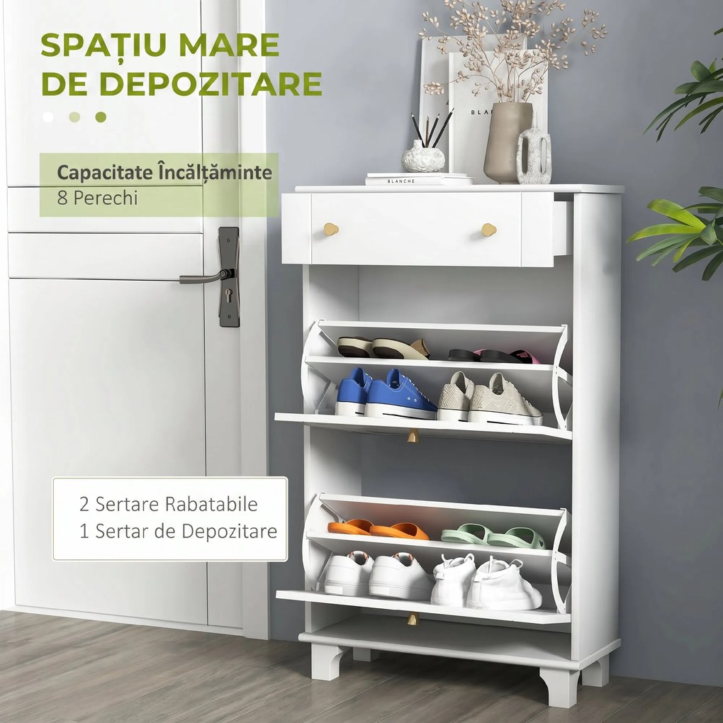 HOMCOM Dulap Pantofi Slim cu 2 Uși, Sertar, Rafturi Reglabile, 8 Perechi, MDF, PAL, 60 x 23,5 x 98,5 cm, Alb | Aosom Romania
