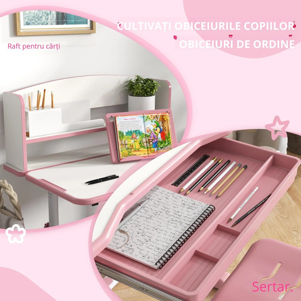 Set Birou si Scaun pentru Copii Reglabil in Inaltime cu Sertar, Raft pentru Carti, pentru 6-12 ani - Roz ZONEKIZ | Aosom Romania