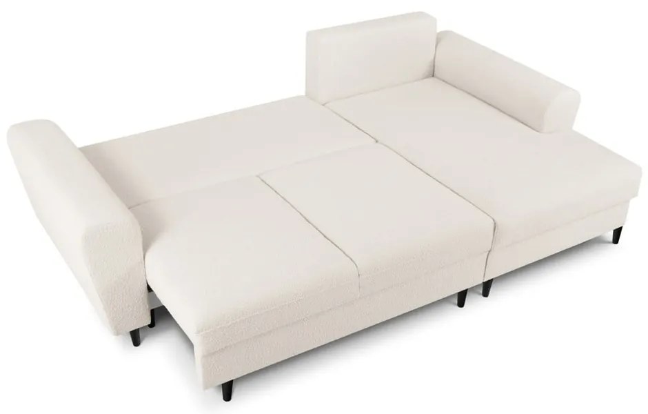 Colțar bej extensibil, cu spațiu de depozitare cu tapițerie din țesătură bouclé (cu colț pe partea dreaptă, cu șezlong) Kyoto – Cosmopolitan Design