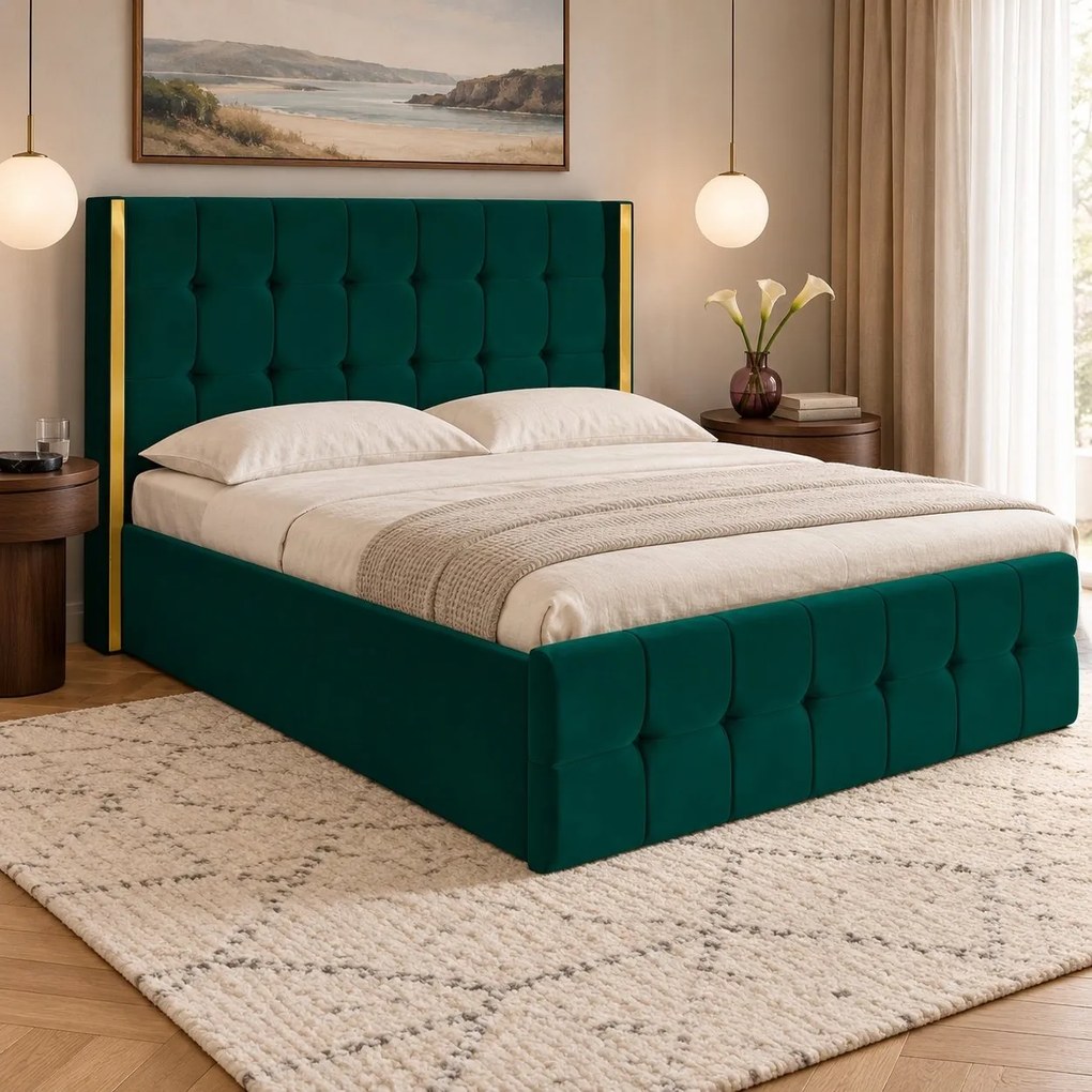Pat tapițat din catifea Aven 140×200 cm, verde, cu ladă de depozitare