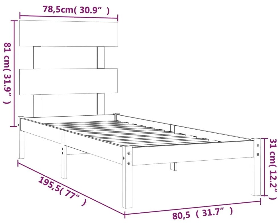 Cadru de pat Small Single 2FT6, gri, 75x190 cm, lemn masiv Gri, 75 x 190 cm