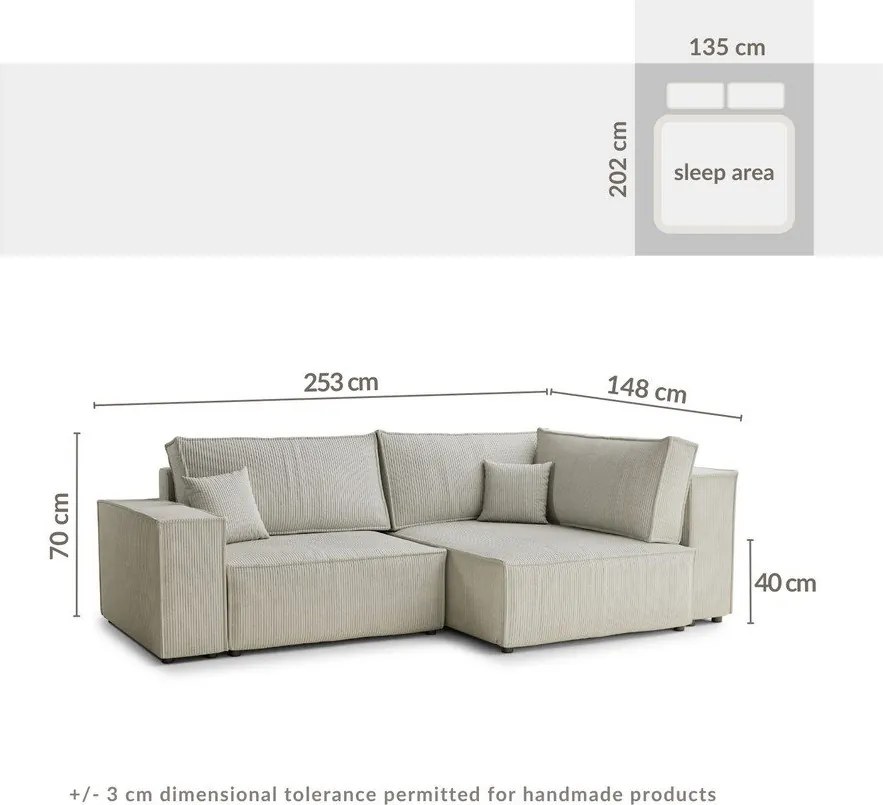 Colțar crem extensibil/cu spațiu de depozitare cu tapițerie din catifea reiată (cu colț pe partea dreaptă/în formă de ”L”) Tonga – Maison de Rêve