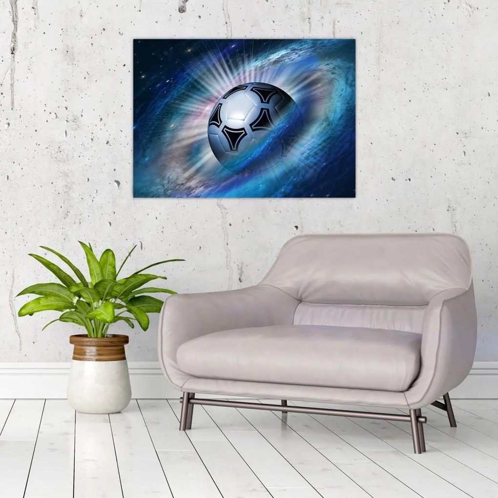 Tablou pe sticlă - Fotbal în spațiu (70x50 cm)