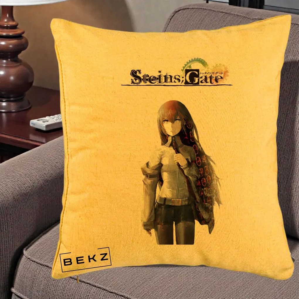Perna Personalizata Steins Gate Kurisu Makise Anime, 40x40 cm, Galben, Husa Detasabila, Perna Inclusa, BEKZ®