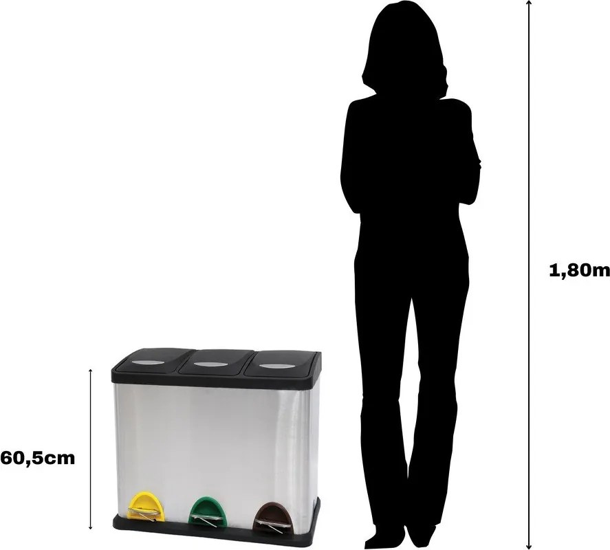 Coș de gunoi argintiu mat pentru reciclare/cu pedală 3x20 l din oțel Tri Selectif – MSV