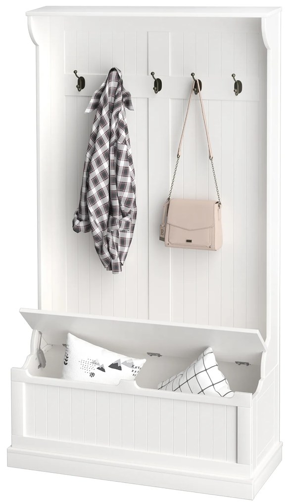 HOMCOM Mobilier de intrare cu banc cuier 3 în 1, 5 cârlige, banc de depozitare pentru sufragerie, coridor 96 x 34 x 179,7 cm crem | Aosom Romania
