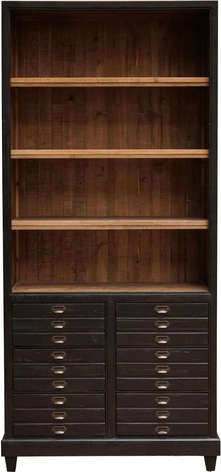 Bibliotecă vintage cu sertare din lemn, negru și natur, cu 3 rafturi deschise, 6 sertare și mânere cu port-etichetă, 200 x 100 x 45 cm, „Voltaire”