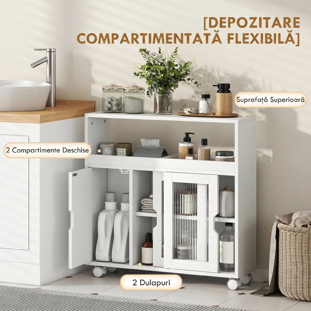 HOMCOM Dulap de Baie cu Roți, Raft Reglabil, Ușă Glisantă din Sticlă Călită, Alb | Aosom Romania