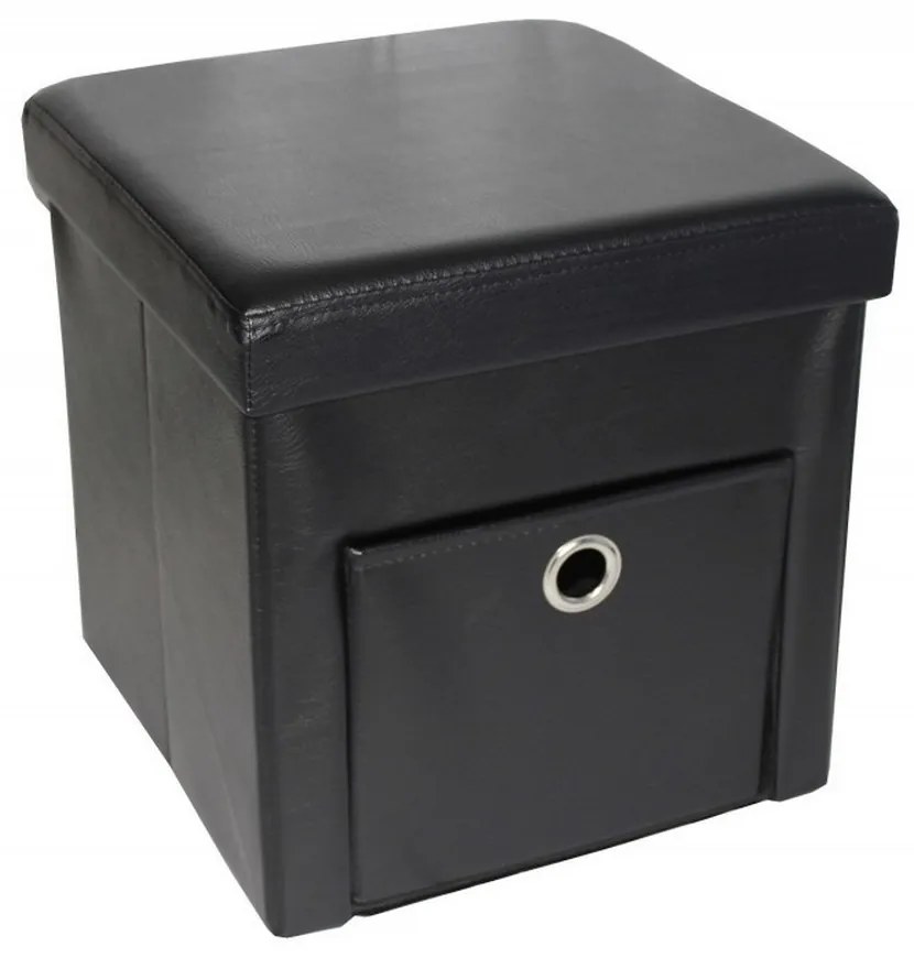 Taburet cu cutie de depozitare si sertar HouseXL™ 6100, Dimensiuni 38X38X38cm, Max 150 kg, Capac moale din piele ecologica, Negru