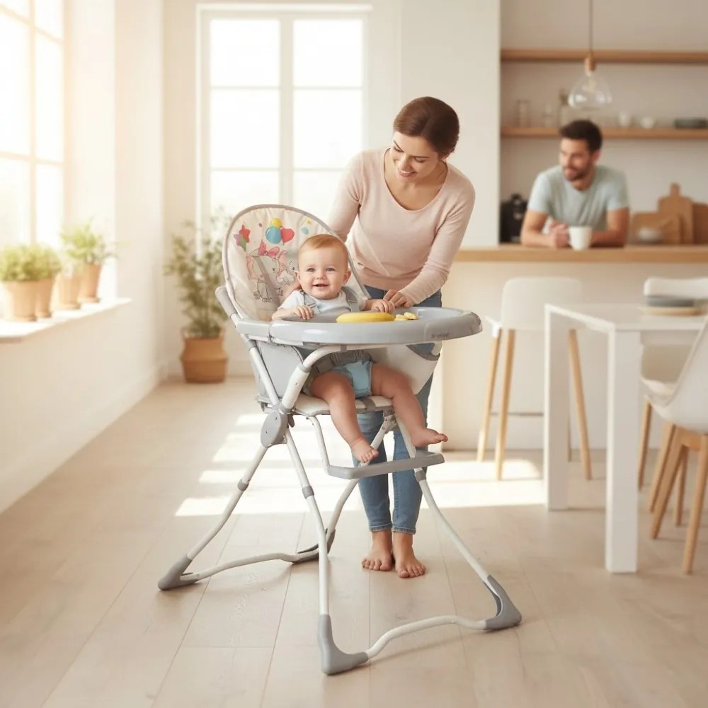 Scaun de masa pentru copii si bebe Baby Care™ CH ,Pliabil, Centura de siguranta, Sezut comfortabil, Masuta detasabila, Model Elefanti , Gri