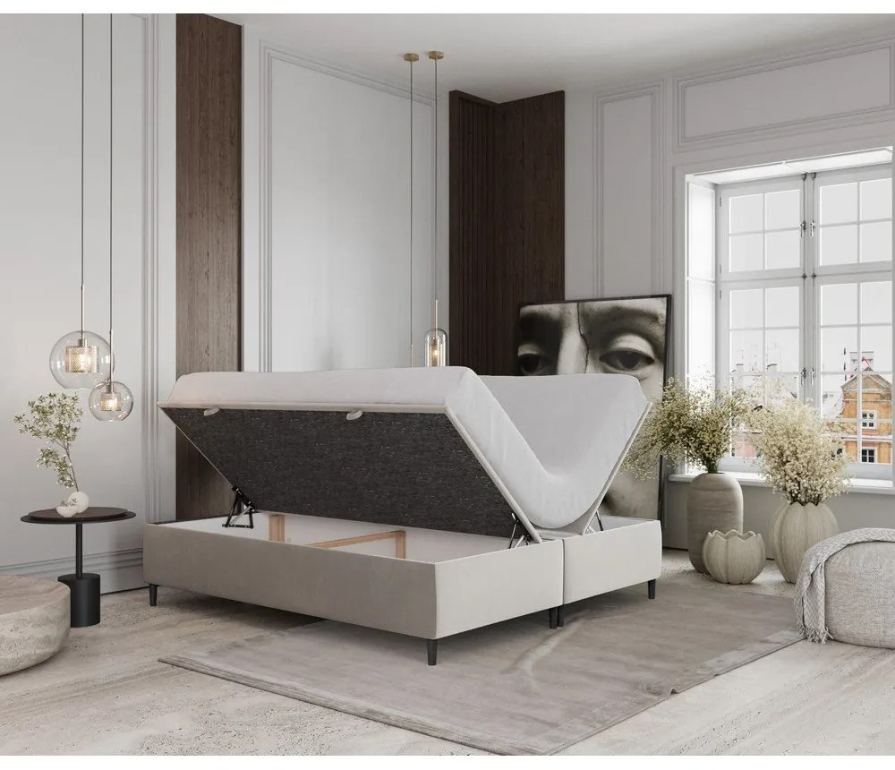 Pat matrimonial crem tapițat cu spațiu de depozitare 200x200 cm Tate – Maison de Rêve