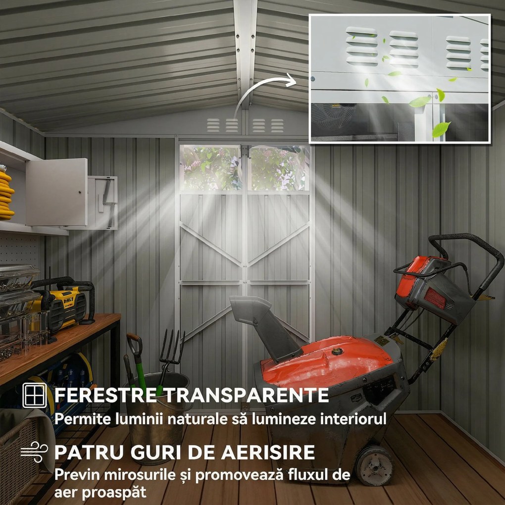 Outsunny Magazie pentru Unelte din Oțel Galvanizat cu 2 Uși, 246x117x180 cm, Gri Deschis | Aosom Romania