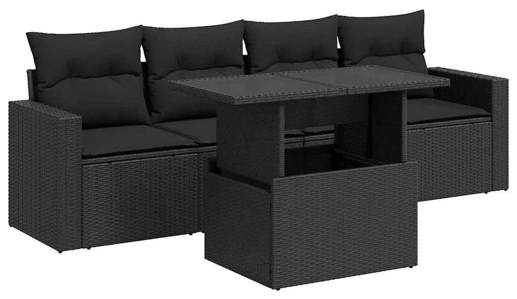 3326236 vidaXL Set mobilier de grădină cu perne, 5 piese, negru, poliratan