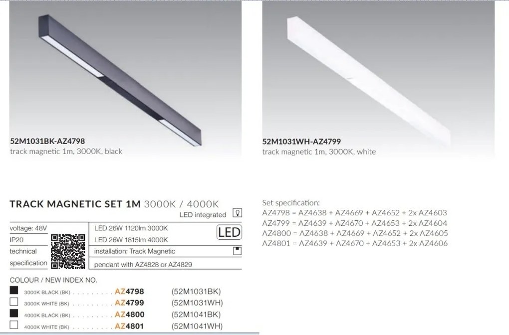 Set un metru sina magnetica monofazata cu iluminat inclus Alfa 52M1031WH alb, 3000K