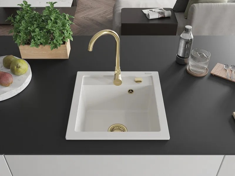 Mexen Vito chiuvetă de granit cu o cuvă 520 x 490 mm, alb, sifon auriu - 6503521000-20-G