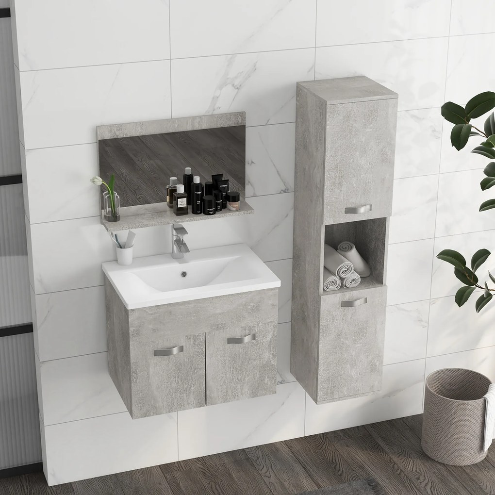 Set de Mobilier de Baie din 3 Piese, Montare pe Perete, cu Dulap cu Oglinda, Dulap de Depozitare Inalt, Gri Kleankin | Aosom Romania