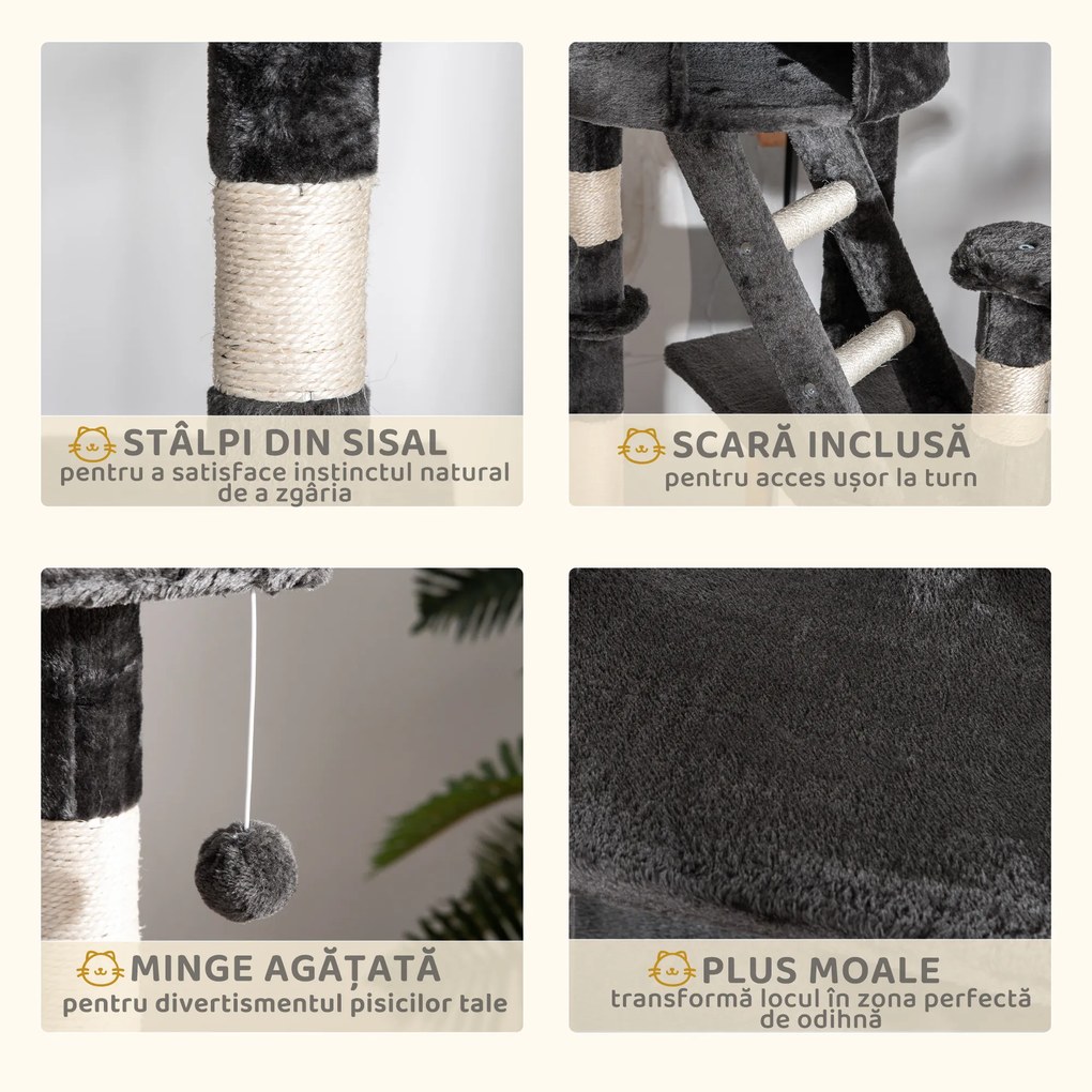 PawHut Ansamblu de Joacă de Tavan pentru Pisici Multinivel cu Înălțime Reglabilă 240-260 cm, cu Cuști și Scări, Gri | Aosom Romania