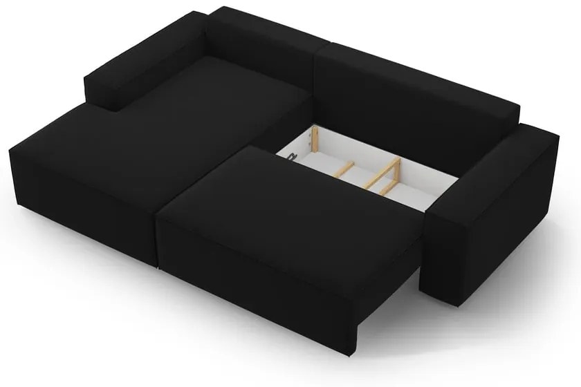 Colțar negru extensibil/cu spațiu de depozitare cu tapițerie din catifea (cu colț pe partea stângă /cu șezlong) Jodie – Micadoni