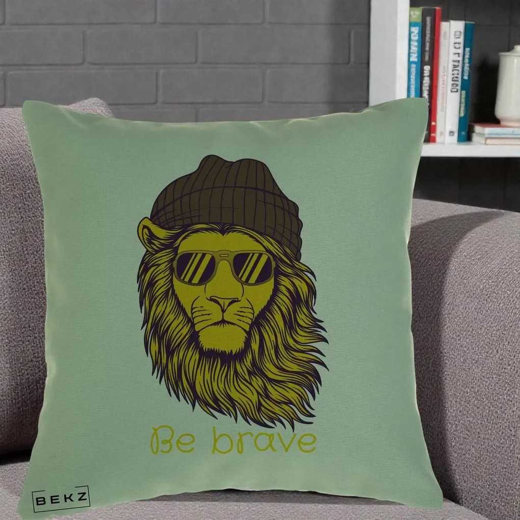 Perna Decorativa Leu Hipster Be Brave, 40x40 cm, Verde, Husa Detasabila, Perna Inclusa, BEKZ®