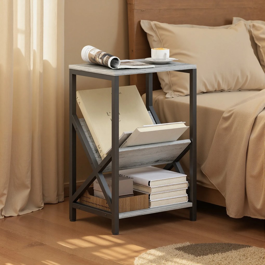 HOMCOM Masă laterală îngustă, măsuță de lângă canapea cu depozitare pe 3 nivele, suport pentru reviste în V, cadru din oțel, 40x30x61cm, gri închis | Aosom Romania