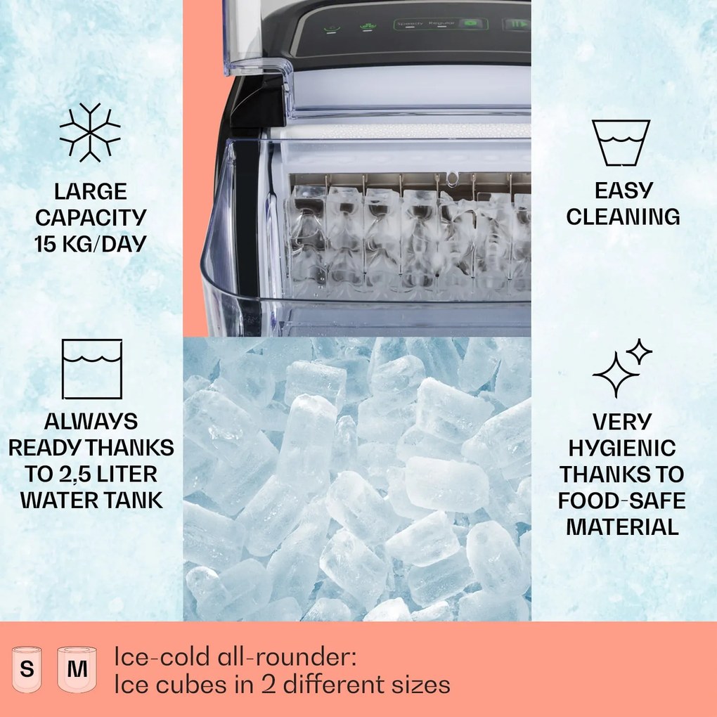 Klarstein KRISTALL, aparat de produs gheață, 2 dimensiuni ale cuburilor de gheață, recipient pentru apă 2,5 L