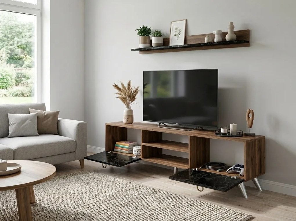Comoda TV ZEN 160 cm cu polita de perete, decor nuc/marmura neagra