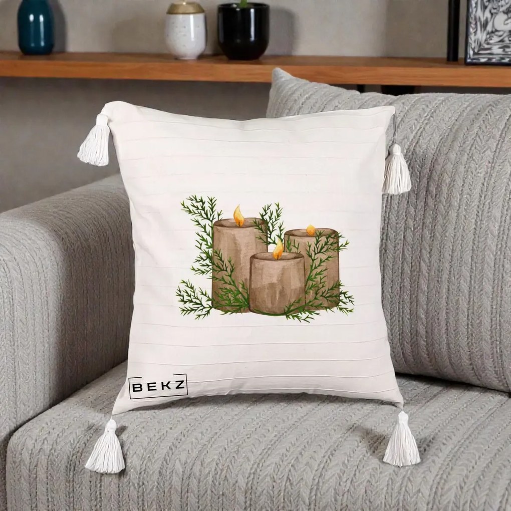Perna Decorativa Lumanari Rustice cu Crengute Brad, 40x40 cm, Bej cu Franjuri, Husa Detasabila, Perna Inclusa, BEKZ®