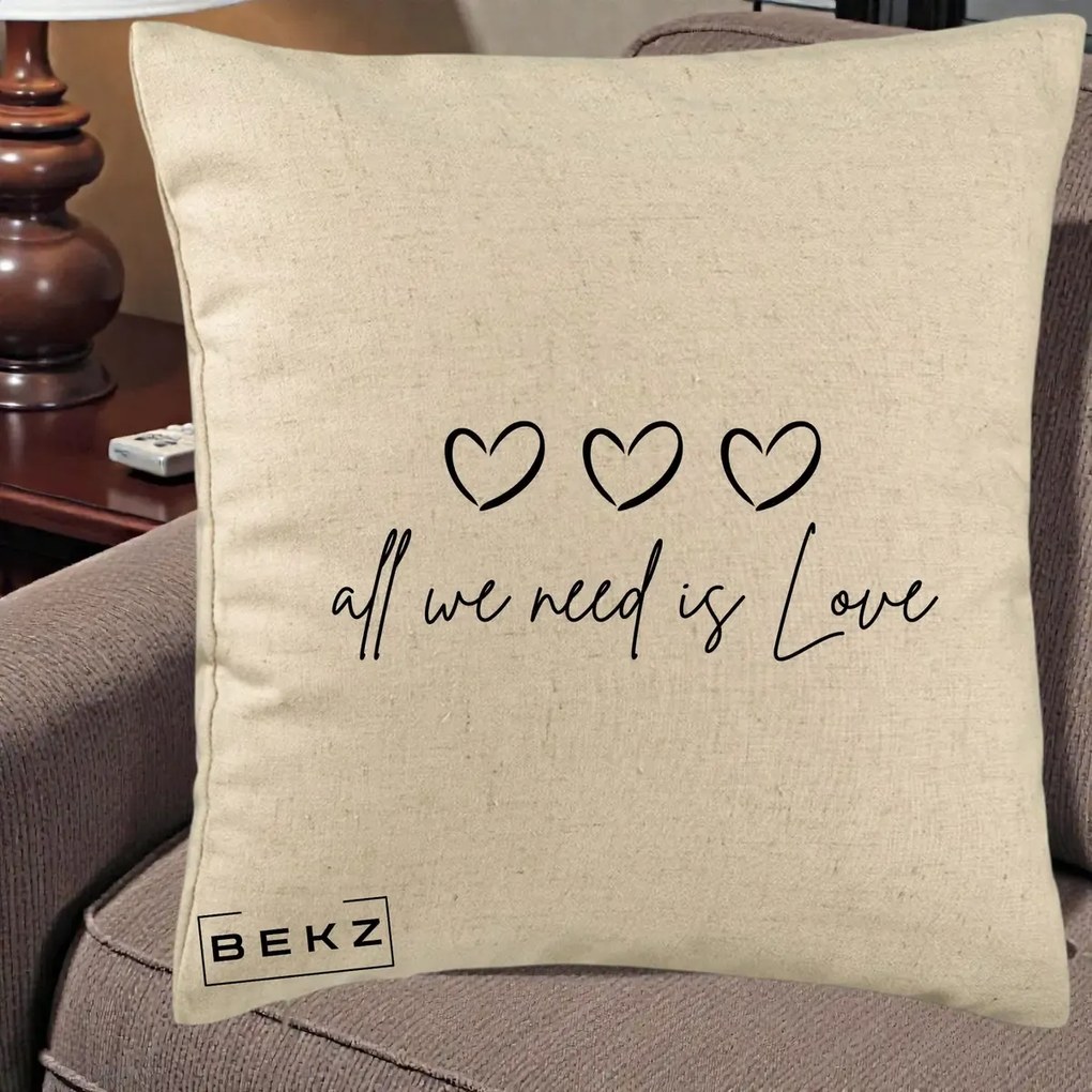 Perna Decorativa All We Need Is Love, 40x40 cm, Bej, Husa Detasabila, Perna Inclusa, BEKZ®