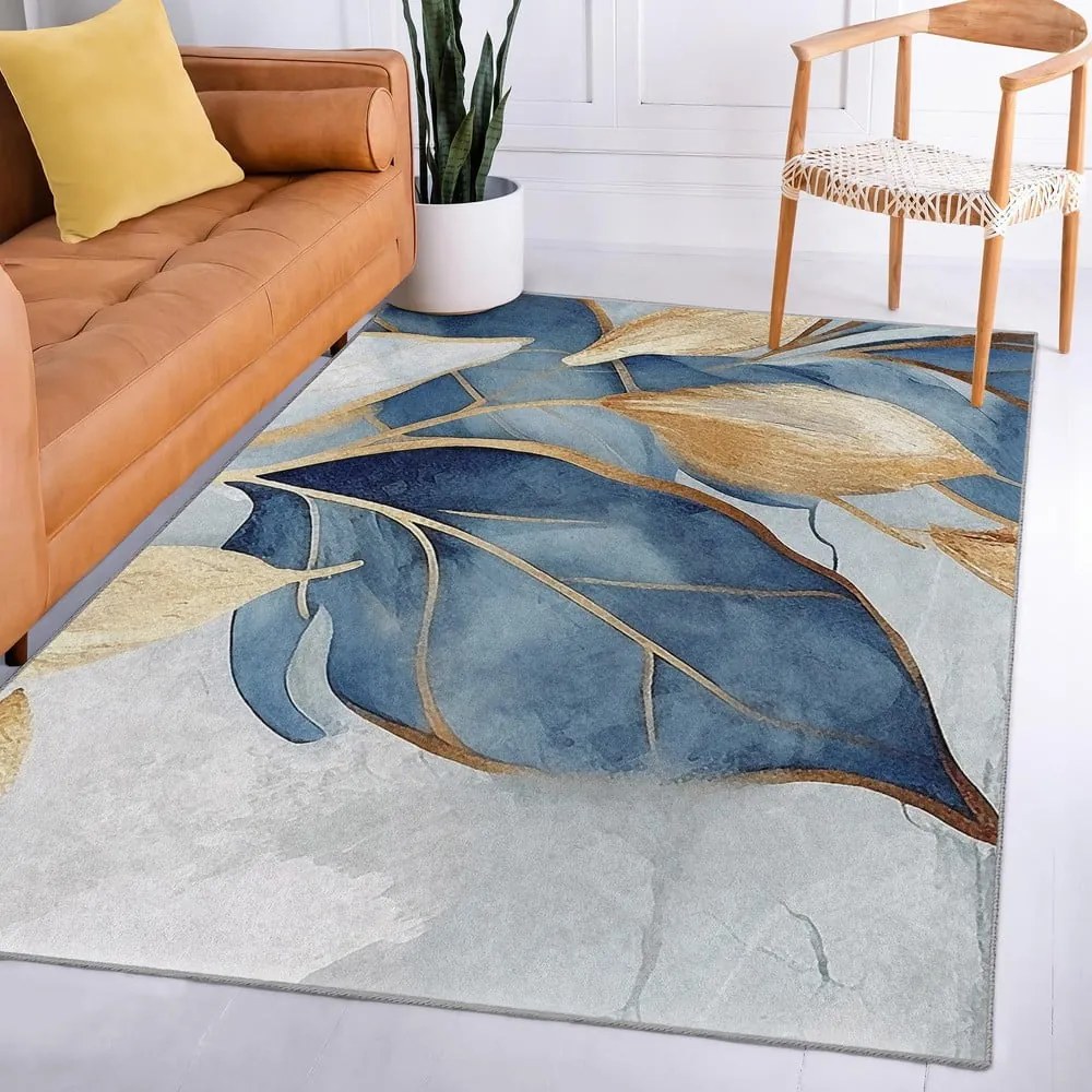 Covor albastru/auriu lavabil 120x180 cm Golden Leaves – Mila Home