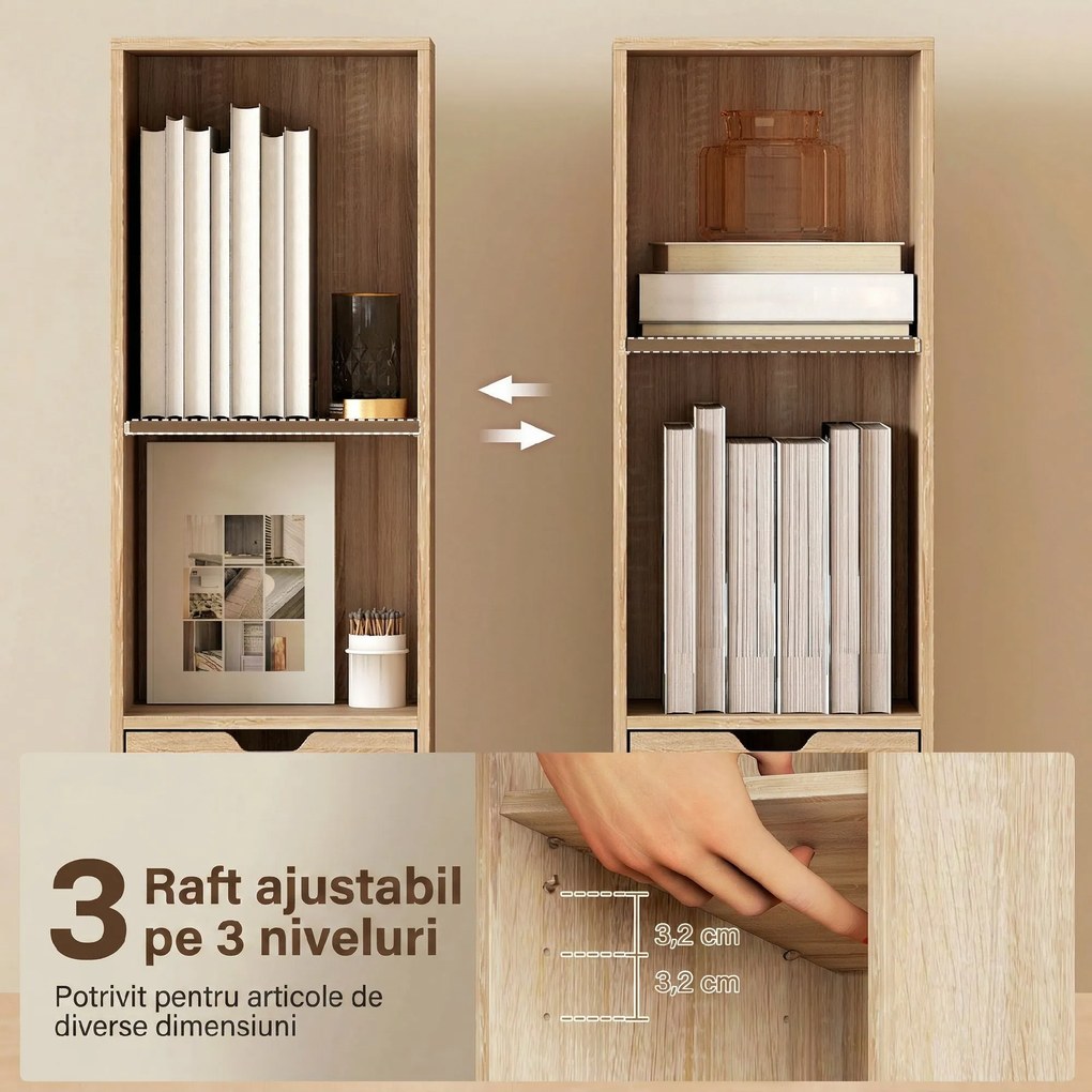 HOMCOM Raft Bibliotecă cu 4 Nivele Deschise, cu Dulap și Sertar, 30x24x158 cm, Lemn Natural | Aosom Romania